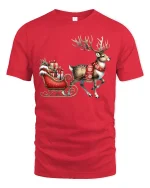 Christmas Reindeer Sleigh Art T Shirt Festive Holiday Magic Tee - red t-shirt on white background