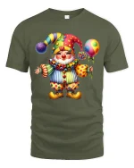 Cute Colorful Clown Art T Shirt Happy Circus Smile Graphic Tee - military green t-shirt on white background
