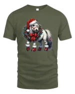 Christmas Pony Wreath Art T Shirt Cute Holiday Magic Graphic Tee - military green t-shirt on white background