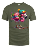 Skiing Flamingo Art T Shirt Funny Winter Adventure Graphic Tee - military green t-shirt on white background