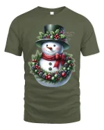 Christmas Snowman T Shirt Cozy Holiday Wreath Art Graphic Tee - military green t-shirt on white background