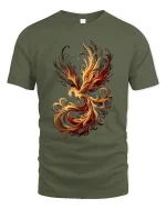 Abstract Fire Phoenix Art T Shirt Elegant Flame Motion Graphic Tee - military green t-shirt on white background
