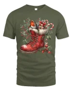 Christmas Robin Boot Art T Shirt Cozy Holiday Charm Graphic Tee - military green t-shirt on white background