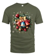 Christmas Bells Wreath Art T Shirt Classic Holiday Harmony Graphic Tee - military green t-shirt on white background
