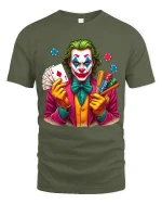 Crazy Joker Casino Art T Shirt Bold Cards And Chips Graphic Tee - military green t-shirt on white background