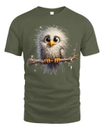 Cute Fluffy Owl Art T Shirt Adorable Big Eyes Graphic Tee - military green t-shirt on white background