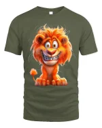 Funny Cartoon Lion Smile T Shirt Happy Wild Animal Graphic Tee - military green t-shirt on white background
