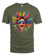 Color Splash Face Art T Shirt Loud Expression Graphic Tee - military green t-shirt on white background
