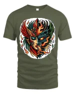 Fire and Shadow Phoenix Face T Shirt Mythic Power Art Tee - military green t-shirt on white background