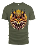 Horned Fox Art T Shirt Fierce Mystic Creature Graphic Tee - military green t-shirt on white background