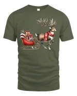 Christmas Reindeer Sleigh Art T Shirt Festive Holiday Magic Tee - military green t-shirt on white background