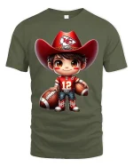 Cute Football Cowboy Kid Art T Shirt Playful Game Day Spirit Tee - military green t-shirt on white background