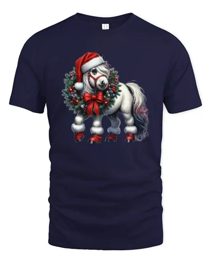 Christmas Pony Wreath Art T Shirt Cute Holiday Magic Graphic Tee - navy t-shirt on white background