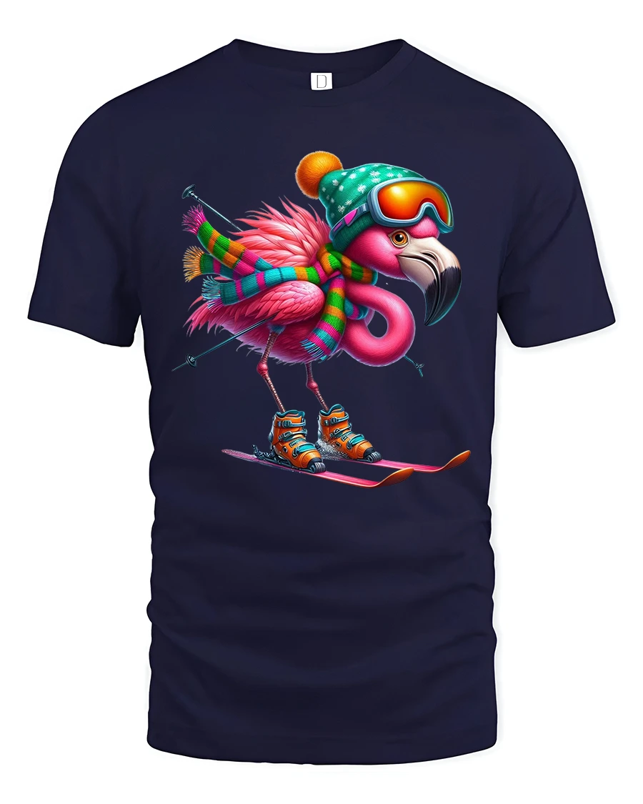Skiing Flamingo Art T Shirt Funny Winter Adventure Graphic Tee - 1 Skiing Flamingo Art T Shirt Funny Winter Adventure Graphic Tee - navy t-shirt on white background
