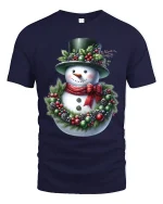Christmas Snowman T Shirt Cozy Holiday Wreath Art Graphic Tee - navy t-shirt on white background