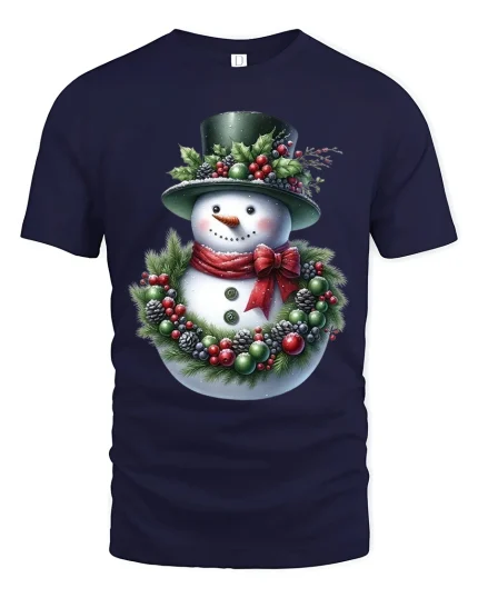 Christmas Snowman T Shirt Cozy Holiday Wreath Art Graphic Tee - navy t-shirt on white background