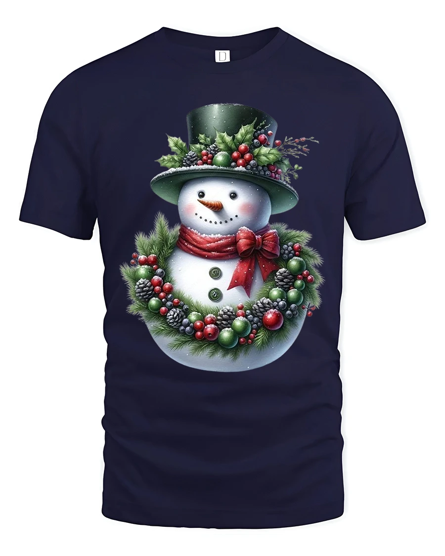 Christmas Snowman T Shirt Cozy Holiday Wreath Art Graphic Tee - 1 Christmas Snowman T Shirt Cozy Holiday Wreath Art Graphic Tee - navy t-shirt on white background