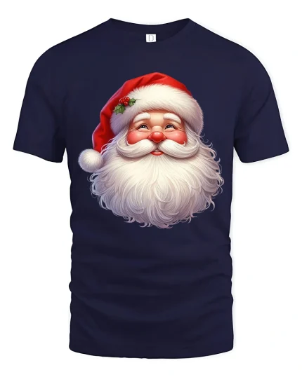 Smiling Santa Face T Shirt Classic Christmas Cheer Graphic Tee - navy t-shirt on white background