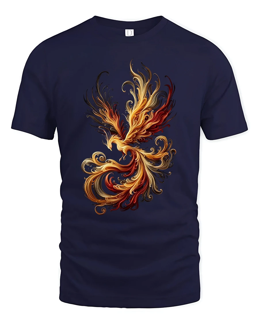 Abstract Fire Phoenix Art T Shirt Elegant Flame Motion Graphic Tee - 1 Abstract Fire Phoenix Art T Shirt Elegant Flame Motion Graphic Tee - navy t-shirt on white background