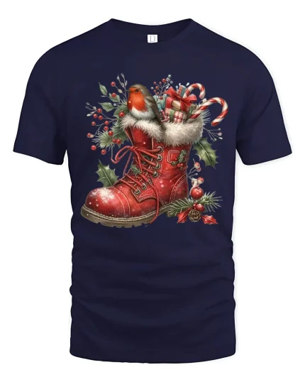 Christmas Robin Boot Art T Shirt Cozy Holiday Charm Graphic Tee - navy t-shirt on white background