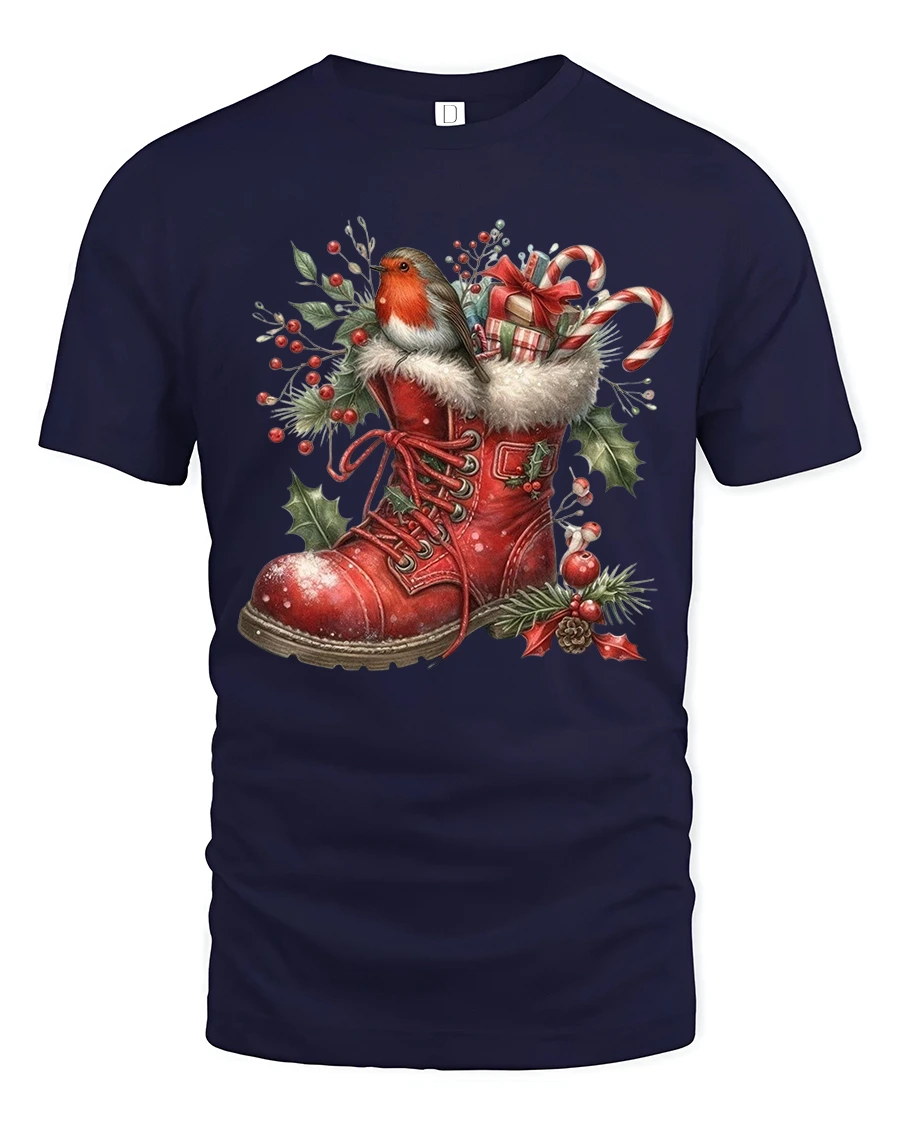 Christmas Robin Boot Art T Shirt Cozy Holiday Charm Graphic Tee - 1 Christmas Robin Boot Art T Shirt Cozy Holiday Charm Graphic Tee - navy t-shirt on white background