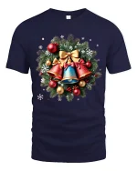 Christmas Bells Wreath Art T Shirt Classic Holiday Harmony Graphic Tee - navy t-shirt on white background