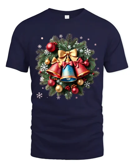 Christmas Bells Wreath Art T Shirt Classic Holiday Harmony Graphic Tee - navy t-shirt on white background