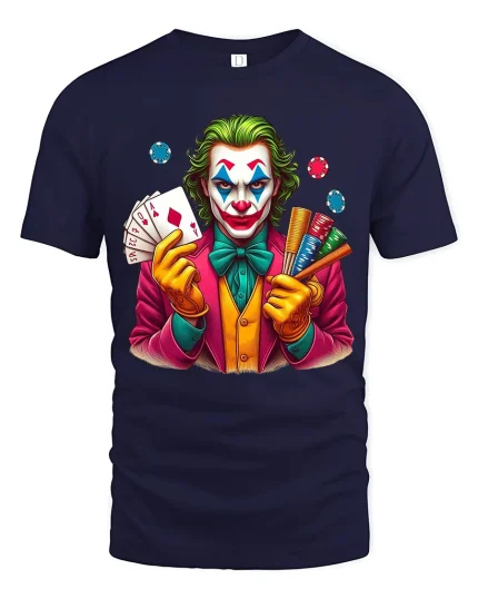 Crazy Joker Casino Art T Shirt Bold Cards And Chips Graphic Tee - navy t-shirt on white background