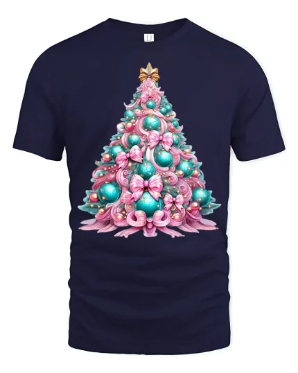 Pastel Christmas Tree Art T Shirt Elegant Holiday Decor Graphic Tee - navy t-shirt on white background