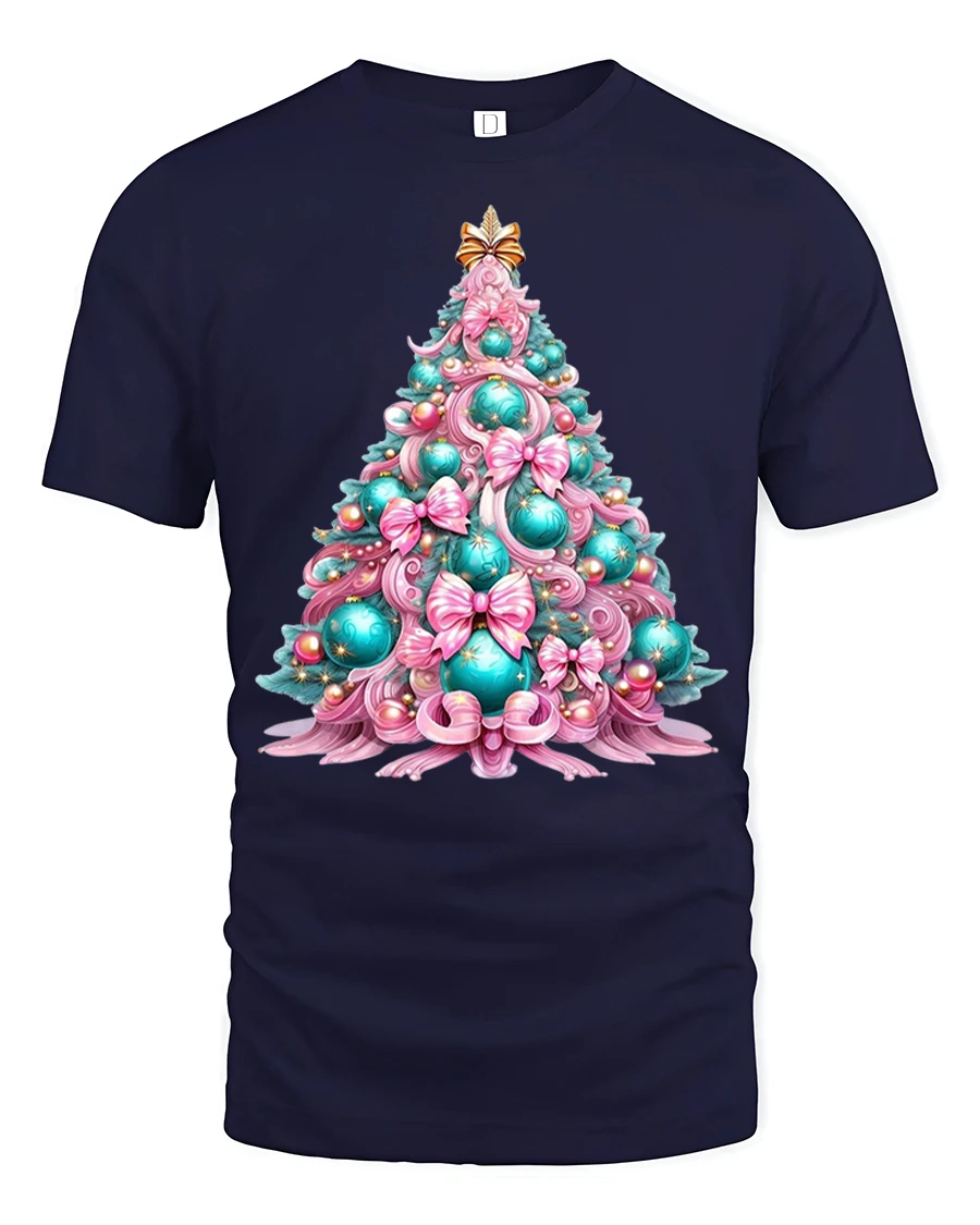 Pastel Christmas Tree Art T Shirt Elegant Holiday Decor Graphic Tee - 1 Pastel Christmas Tree Art T Shirt Elegant Holiday Decor Graphic Tee - navy t-shirt on white background