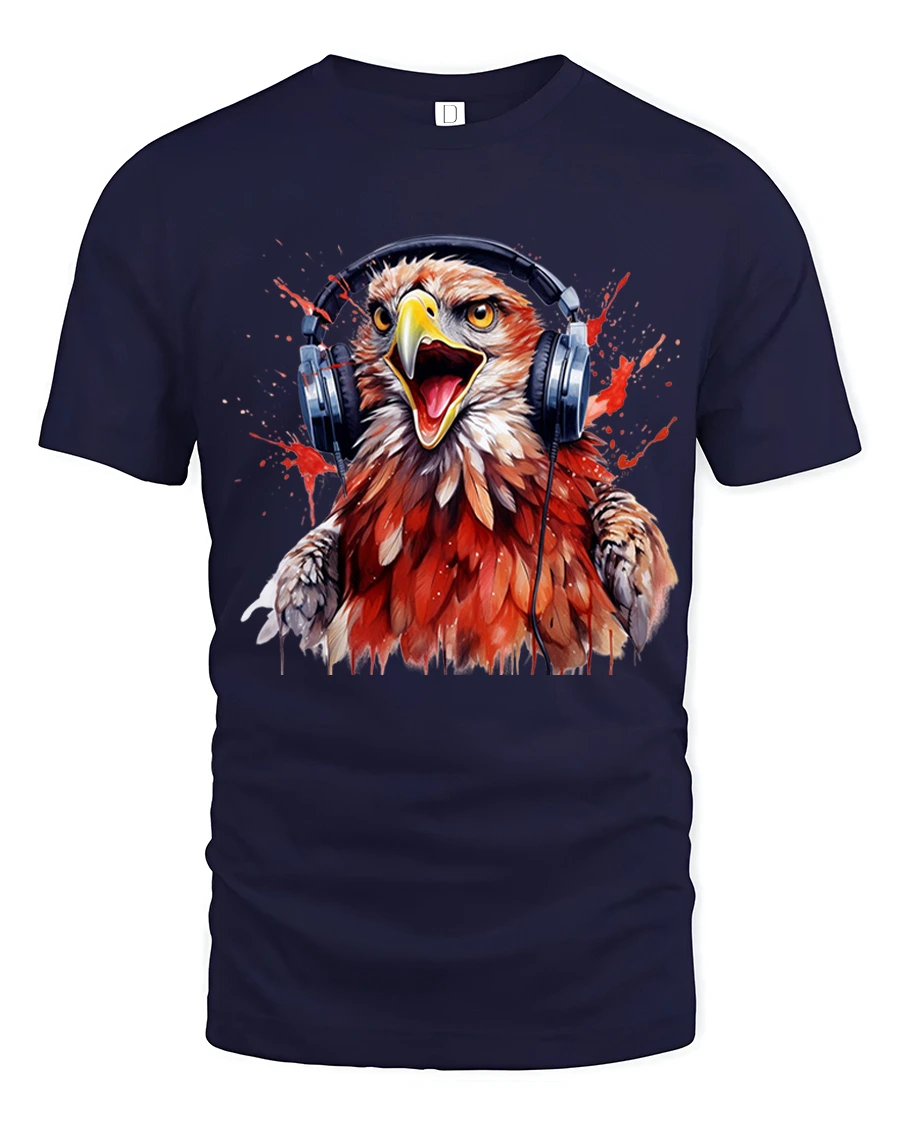 Rocking Eagle Headphones Art T Shirt Loud Music Freedom Graphic Tee - 1 Rocking Eagle Headphones Art T Shirt Loud Music Freedom Graphic Tee - navy t-shirt on white background