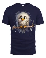 Cute Fluffy Owl Art T Shirt Adorable Big Eyes Graphic Tee - navy t-shirt on white background
