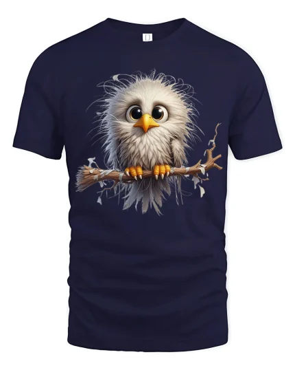 Cute Fluffy Owl Art T Shirt Adorable Big Eyes Graphic Tee - navy t-shirt on white background