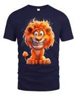 Funny Cartoon Lion Smile T Shirt Happy Wild Animal Graphic Tee - navy t-shirt on white background