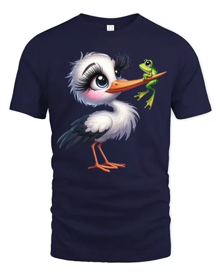 Cute Stork And Frog Cartoon T Shirt Whimsical Animal Friendship Tee - navy t-shirt on white background