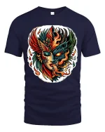 Fire and Shadow Phoenix Face T Shirt Mythic Power Art Tee - navy t-shirt on white background