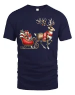 Christmas Reindeer Sleigh Art T Shirt Festive Holiday Magic Tee - navy t-shirt on white background