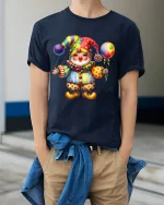 Cute Colorful Clown Art T Shirt Happy Circus Smile Graphic Tee - model wearing navy tee with hands in pockets