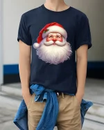 Smiling Santa Face T Shirt Classic Christmas Cheer Graphic Tee - model wearing navy tee with hands in pockets