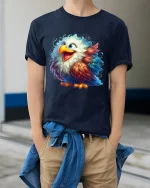 Cute Colorful Eagle Art T Shirt Happy Feather Burst Graphic Tee - model wearing navy tee with hands in pockets