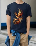 Abstract Fire Phoenix Art T Shirt Elegant Flame Motion Graphic Tee - model wearing navy tee with hands in pockets