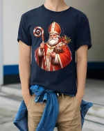 Saint Nicholas Christmas Art T Shirt Classic Holiday Tradition Graphic Tee - model wearing navy tee with hands in pockets