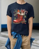 Christmas Robin Boot Art T Shirt Cozy Holiday Charm Graphic Tee - model wearing navy tee with hands in pockets