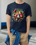 Christmas Bells Wreath Art T Shirt Classic Holiday Harmony Graphic Tee - model wearing navy tee with hands in pockets