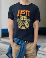 Just Money Bear T Shirt Funny Rich Bear Cash Graphic Tee - model wearing navy tee with hands in pockets