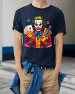 Crazy Joker Casino Art T Shirt Bold Cards And Chips Graphic Tee - model wearing navy tee with hands in pockets