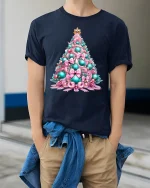 Pastel Christmas Tree Art T Shirt Elegant Holiday Decor Graphic Tee - model wearing navy tee with hands in pockets