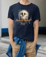 Cute Fluffy Owl Art T Shirt Adorable Big Eyes Graphic Tee - model wearing navy tee with hands in pockets