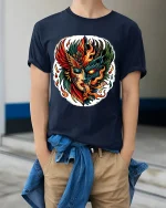 Fire and Shadow Phoenix Face T Shirt Mythic Power Art Tee - model wearing navy tee with hands in pockets