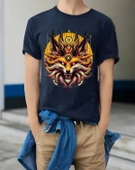 Horned Fox Art T Shirt Fierce Mystic Creature Graphic Tee - model wearing navy tee with hands in pockets
